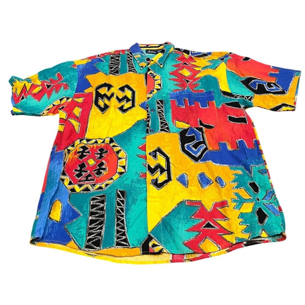 Bon Homme‎ Button Down Shirt Mens L Multicolor Vintage 90s Abstract Geometric